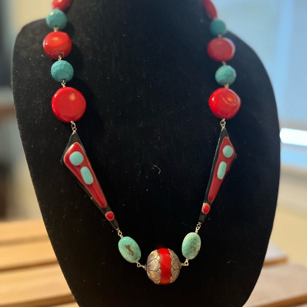 Handmade 24” drop hand glazed ceramic, turquoise and red coral necklace.